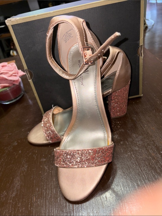 Shoes - Rose Gold Glitter Block Heel Sandals